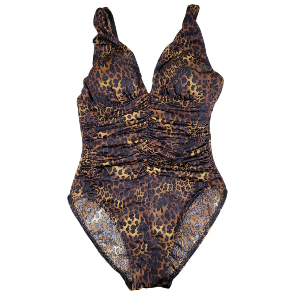 Miraclesuit‎ One Piece Swimsuit Womens 8 Brown Leopard Ruched Slimming V-Neck